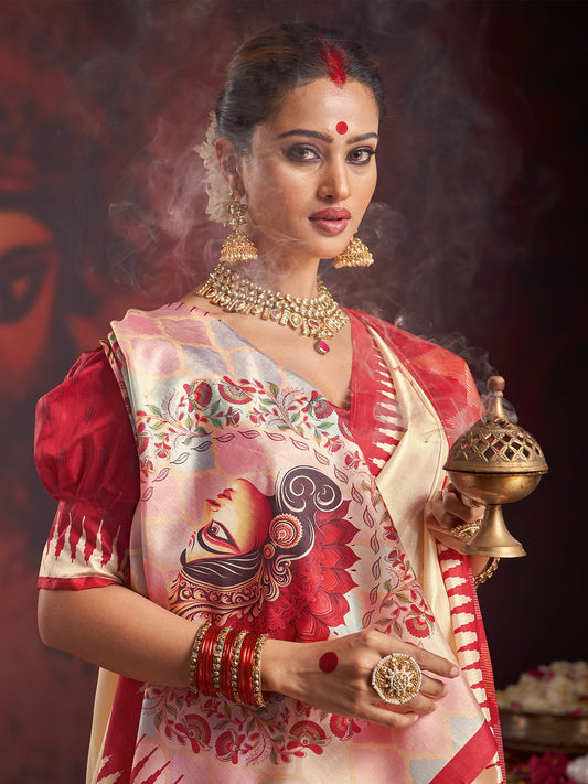 White Off Garad Silk Blend Printed Saree