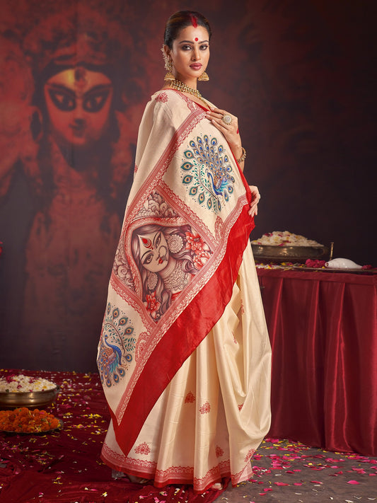 White Off Garad Silk Blend Printed Saree