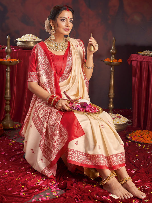 White Off Garad Silk Blend Printed Saree