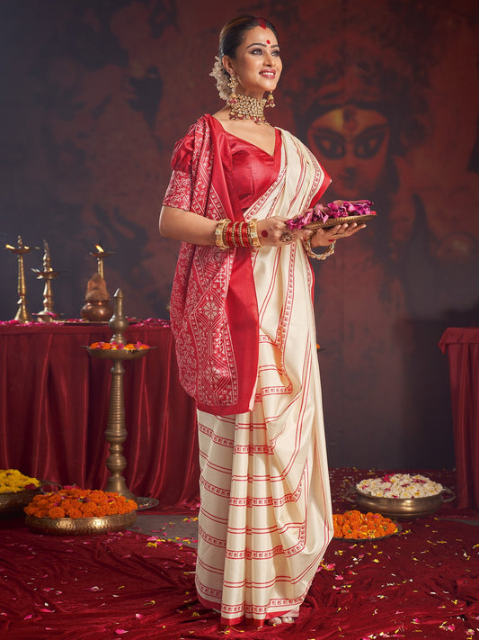 White Off Garad Silk Blend Printed Saree