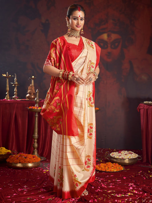 White Off Garad Silk Blend Printed Saree