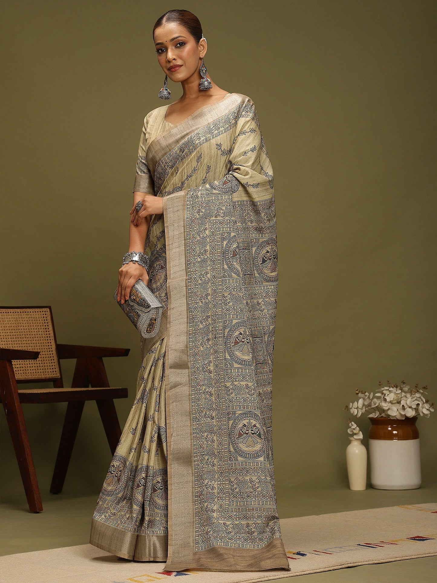 Beige Block Print Satin Silk Digital Print Saree