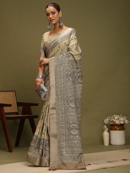 Beige Block Print Satin Silk Digital Print Saree