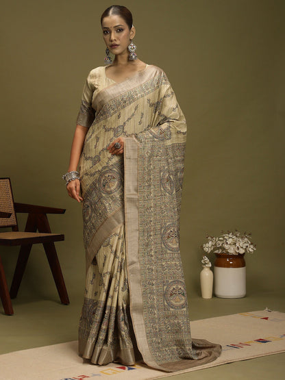 Grey Beige Block Print Satin Silk Digital Print Saree