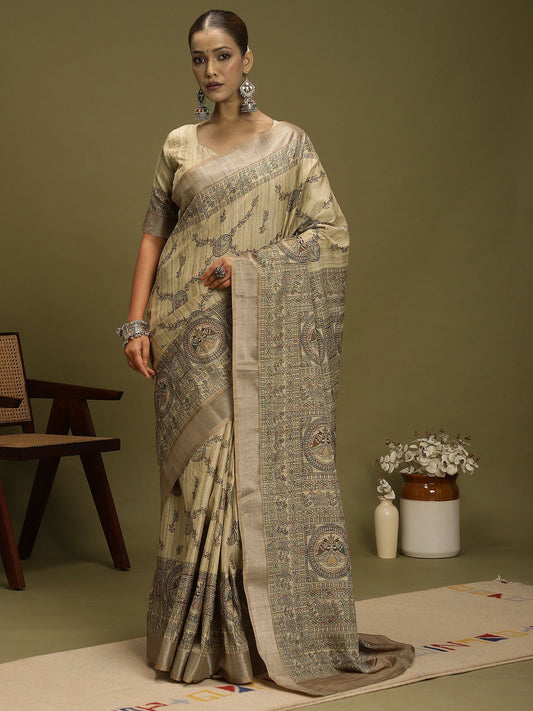 Grey Beige Block Print Satin Silk Digital Print Saree