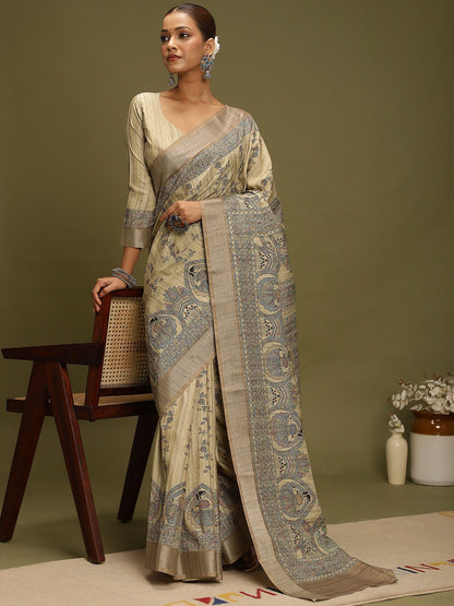 Beige Block Print Satin Silk Digital Print Saree