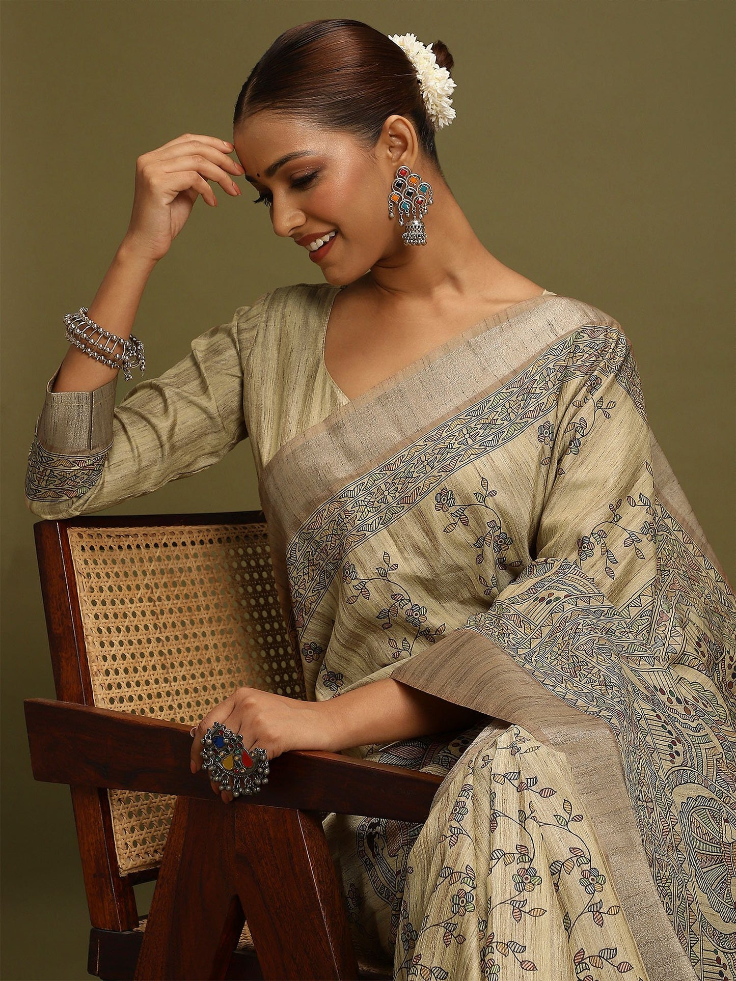 Beige Block Print Satin Silk Digital Print Saree