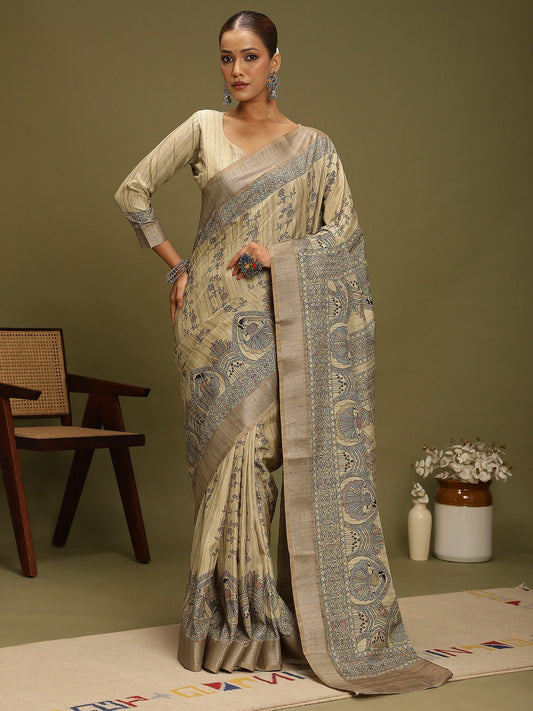 Grey Beige Block Print Satin Silk Digital Print Saree