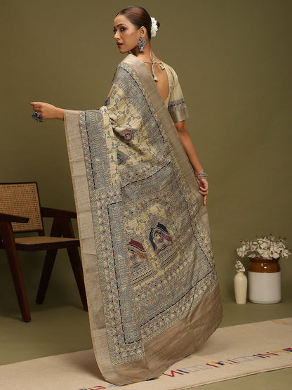 Beige Block Print Satin Silk Digital Print Saree