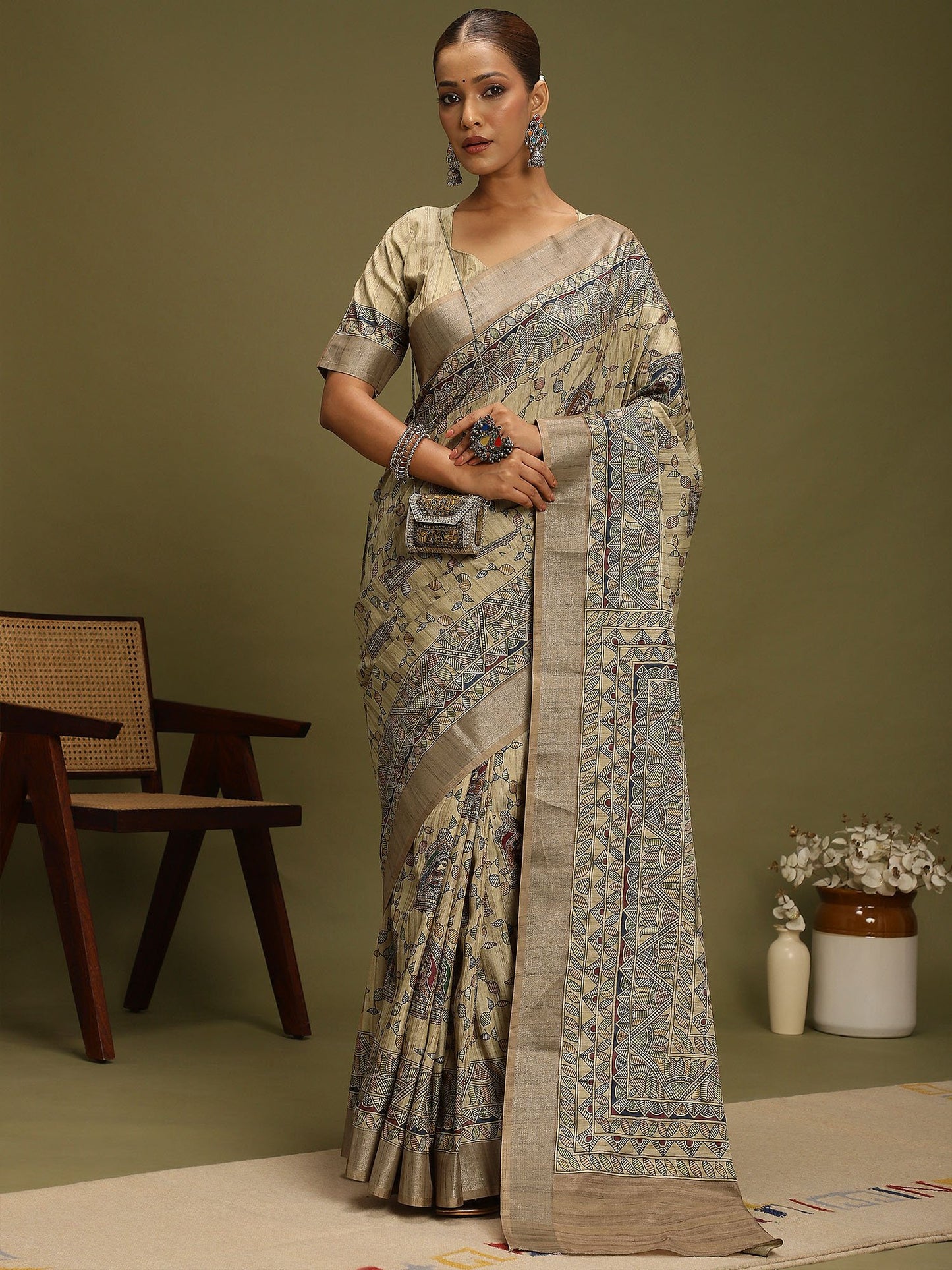 Beige Block Print Satin Silk Digital Print Saree