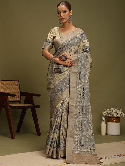 Beige Block Print Satin Silk Digital Print Saree
