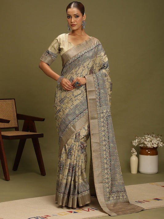 Grey Beige Block Print Satin Silk Digital Print Saree