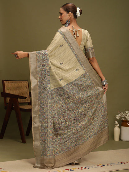 Beige Block Print Satin Silk Digital Print Saree