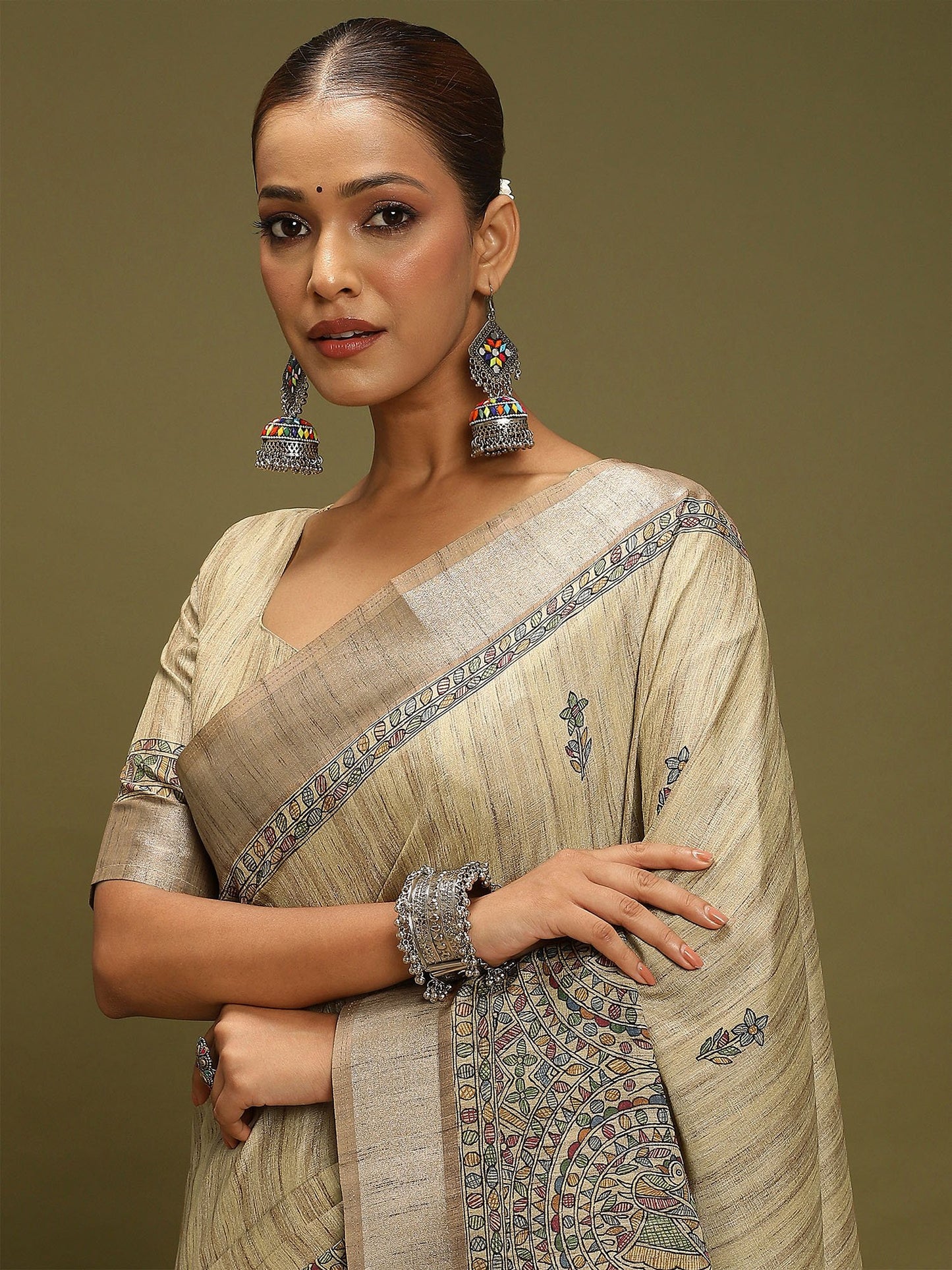 Beige Block Print Satin Silk Digital Print Saree