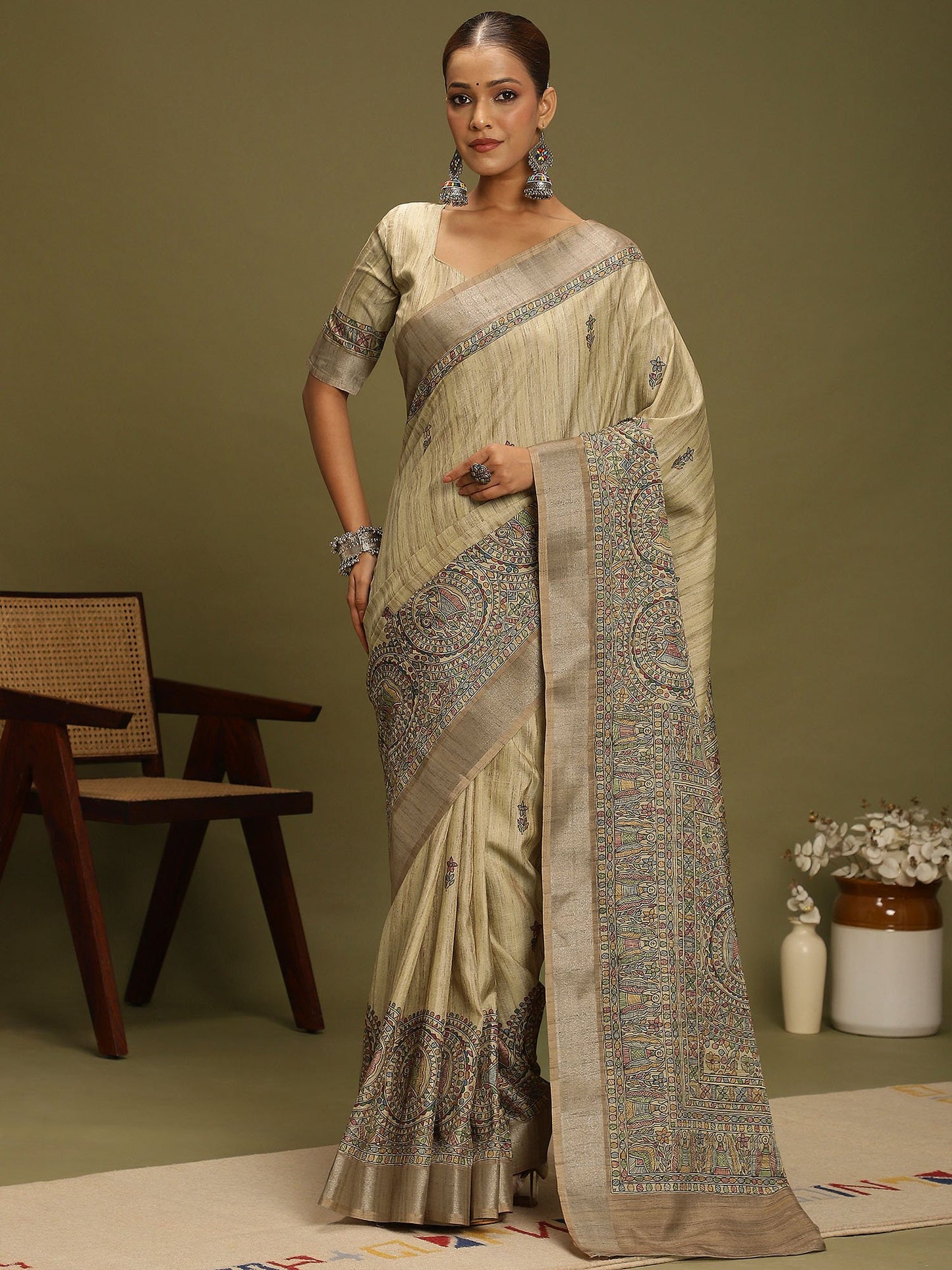Grey Beige Block Print Satin Silk Digital Print Saree