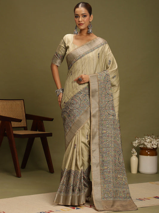 Grey Beige Block Print Satin Silk Digital Print Saree