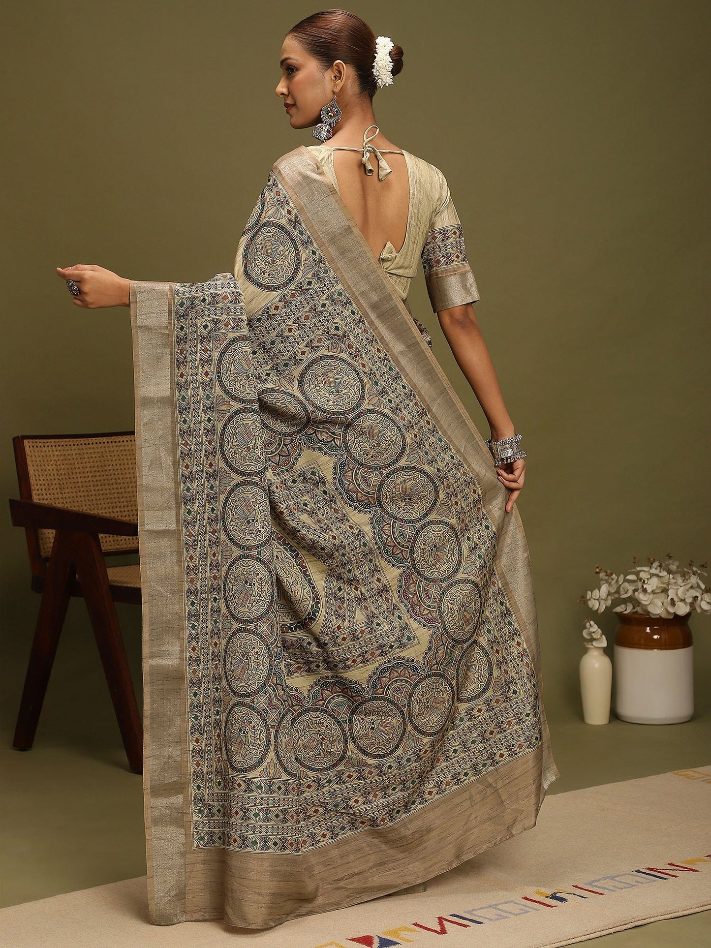 Beige Block Print Satin Silk Digital Print Saree