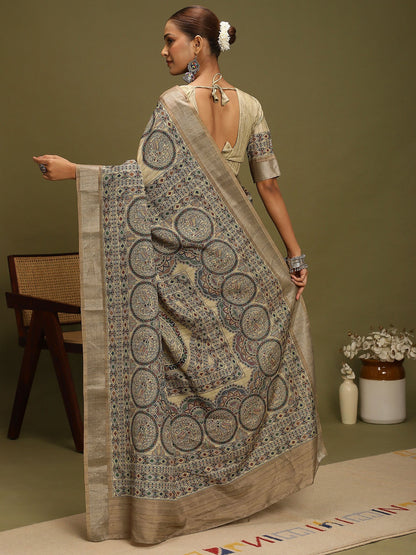 Beige Block Print Satin Silk Digital Print Saree