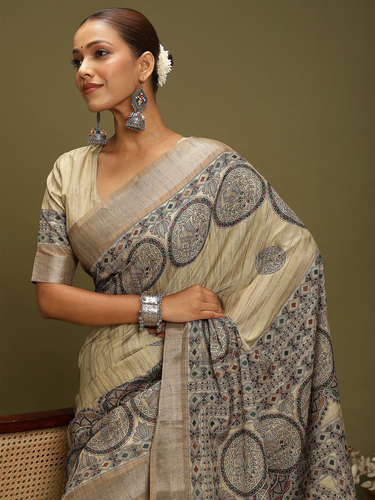 Beige Block Print Satin Silk Digital Print Saree