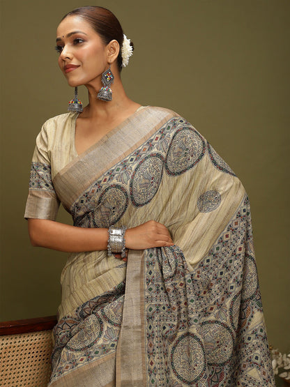 Beige Block Print Satin Silk Digital Print Saree