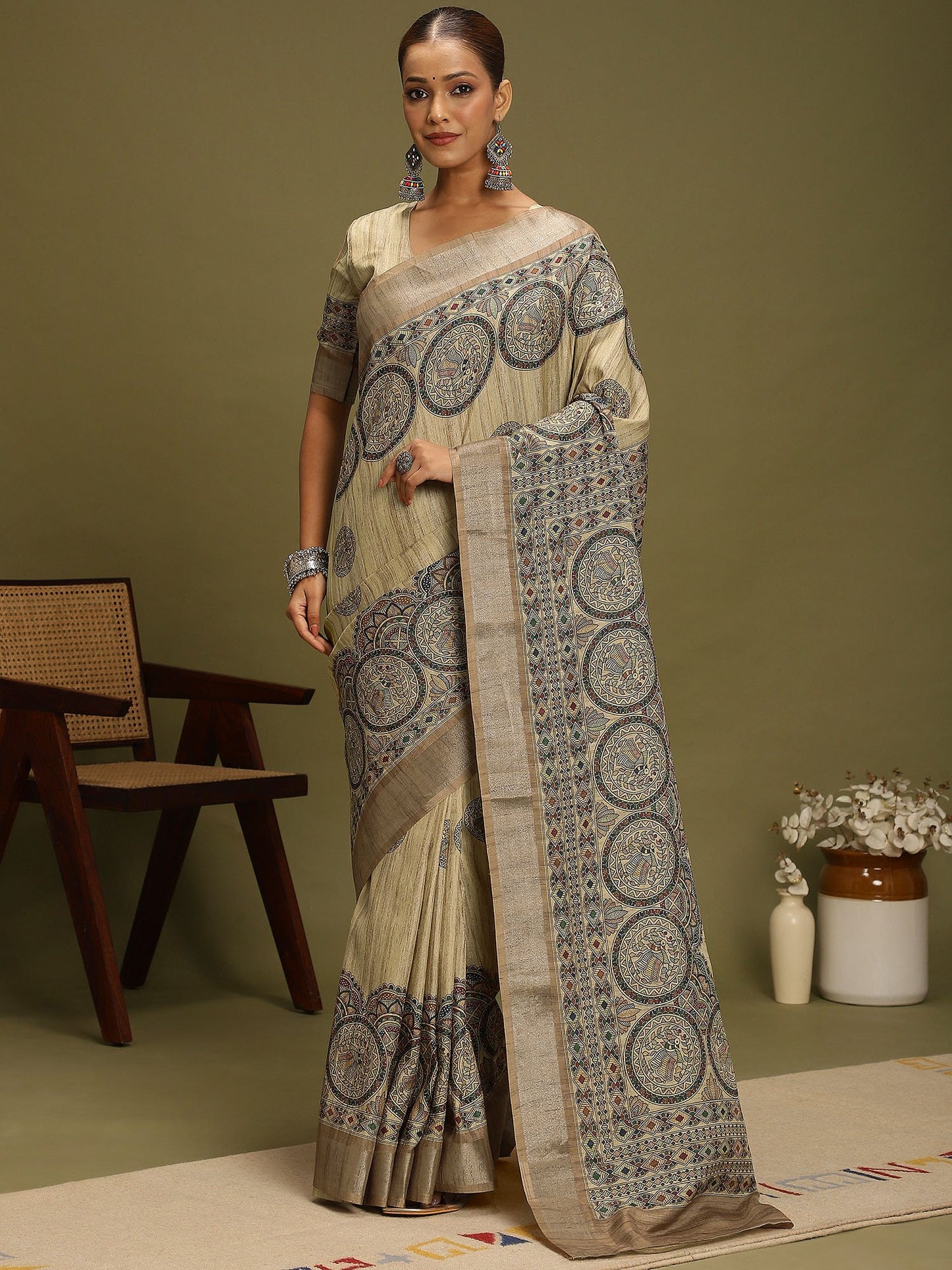 Grey Beige Block Print Satin Silk Digital Print Saree