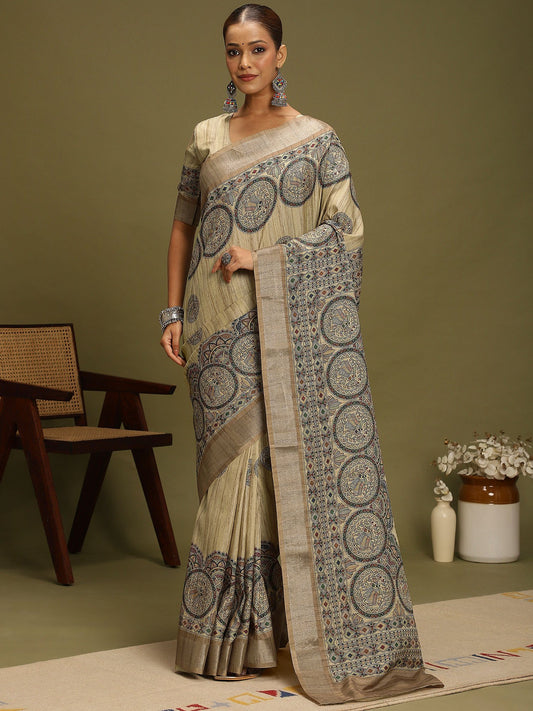 Grey Beige Block Print Satin Silk Digital Print Saree