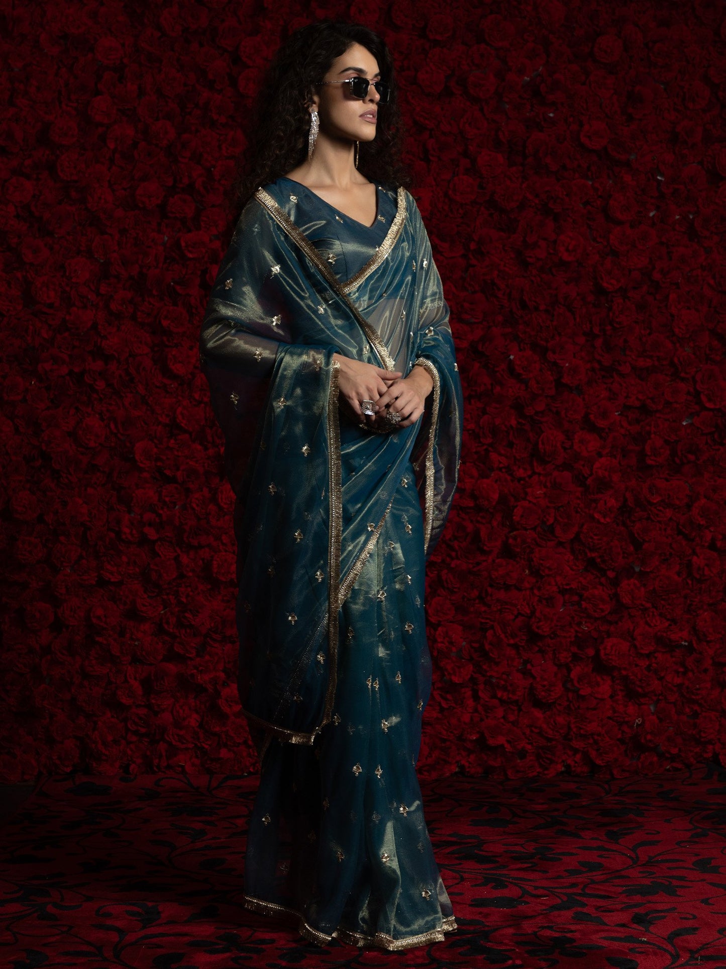 Teal Party Wear Organza Embellished Saree