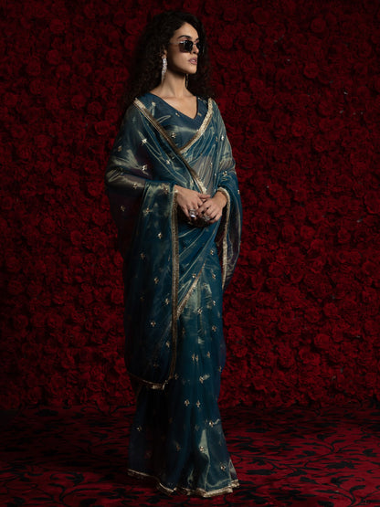 Teal Party Wear Organza Embellished Saree
