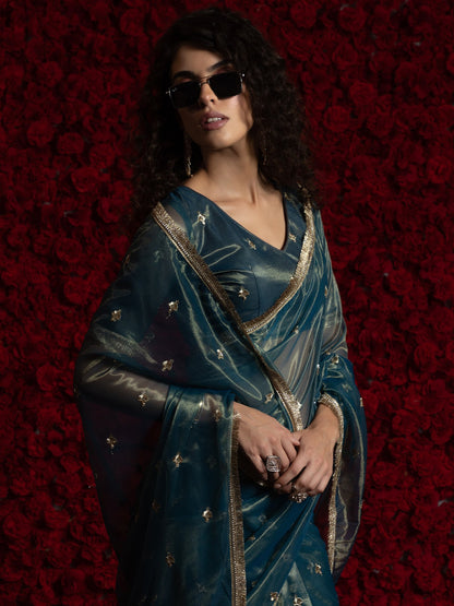 Teal Party Wear Organza Embellished Saree