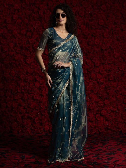 Blue Teal Party Wear Organza Embellished Saree
