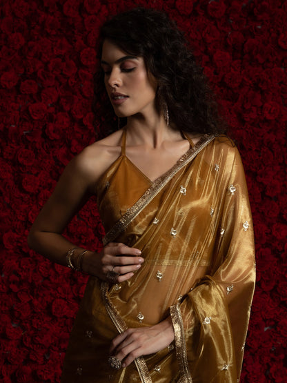 Mustard Party Wear Organza Embellished Saree