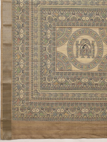 Beige Block Print Satin Silk Digital Print Saree