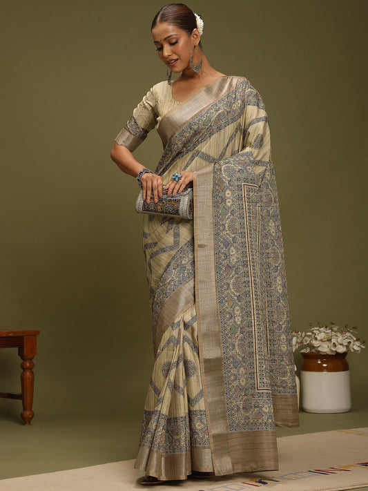 Grey Beige Block Print Satin Silk Digital Print Saree