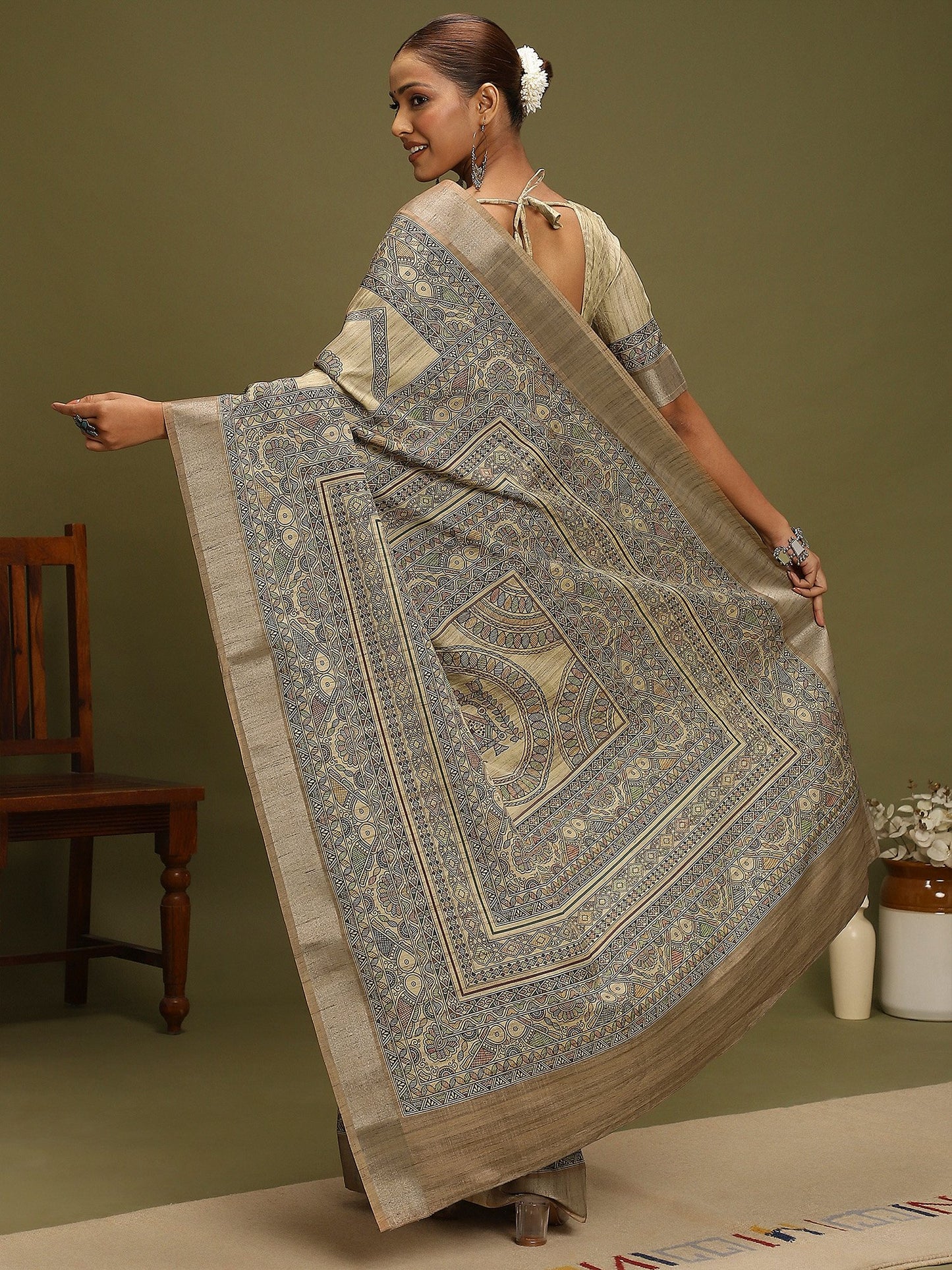 Beige Block Print Satin Silk Digital Print Saree