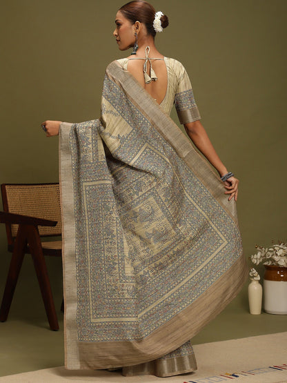 Beige Block Print Satin Silk Digital Print Saree