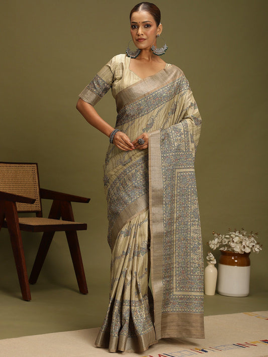 Grey Beige Block Print Satin Silk Digital Print Saree