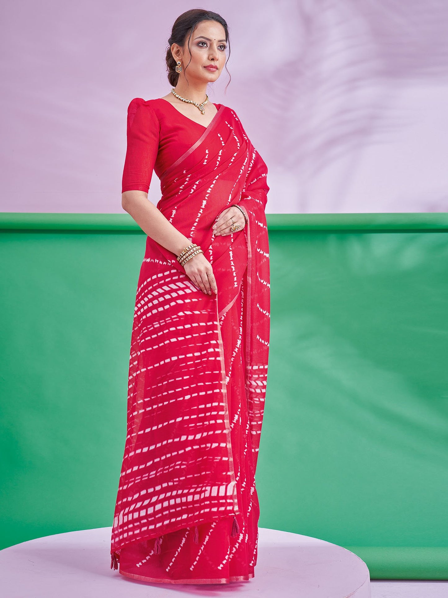 Red Leheriya Cotton Linen Printed Saree