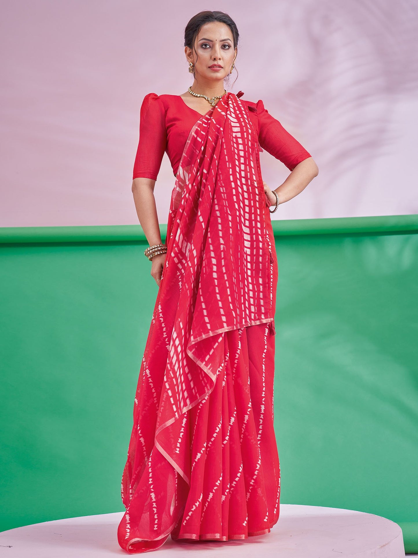 Red Red Leheriya Cotton Linen Printed Saree