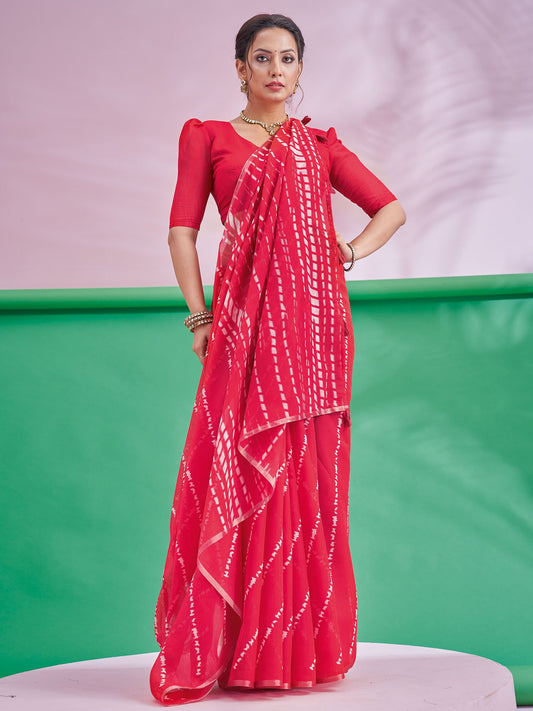 Red Red Leheriya Cotton Linen Printed Saree