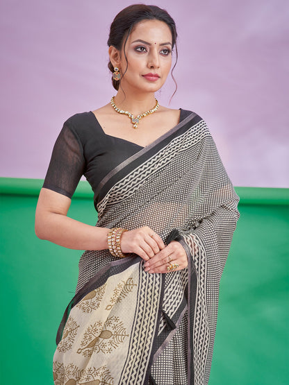 Black Block Print Cotton Linen Printed Saree