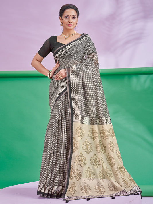 Black Black Block Print Cotton Linen Printed Saree