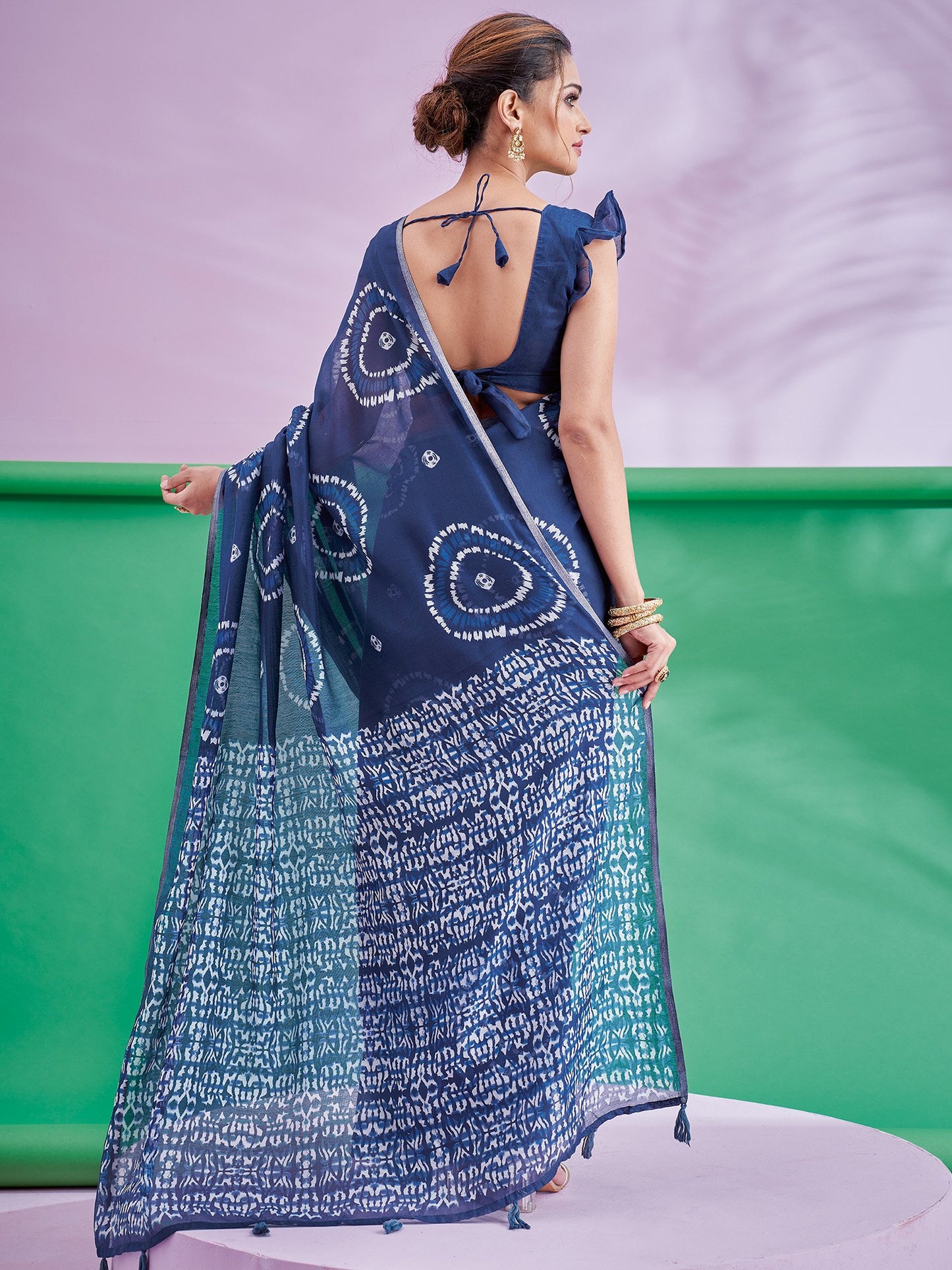 Navy Block Print Cotton Linen Printed Saree