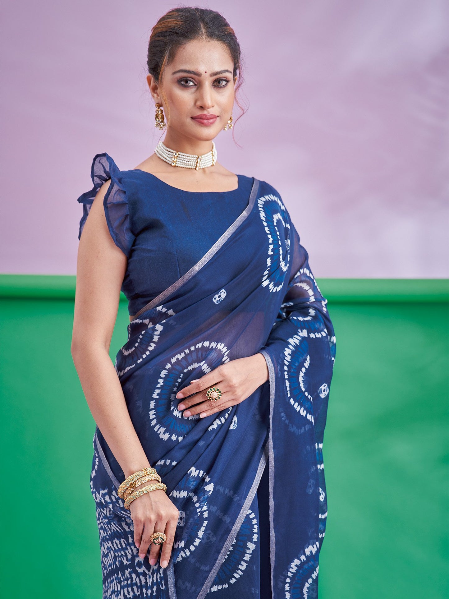 Navy Block Print Cotton Linen Printed Saree