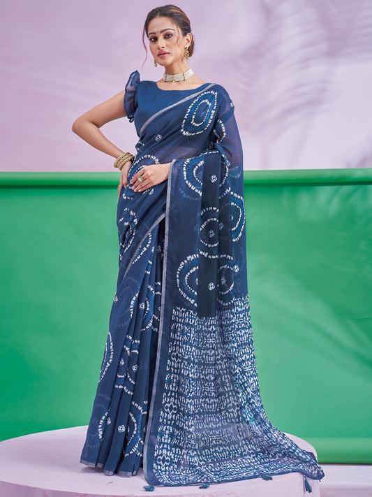 Blue Navy Block Print Cotton Linen Printed Saree