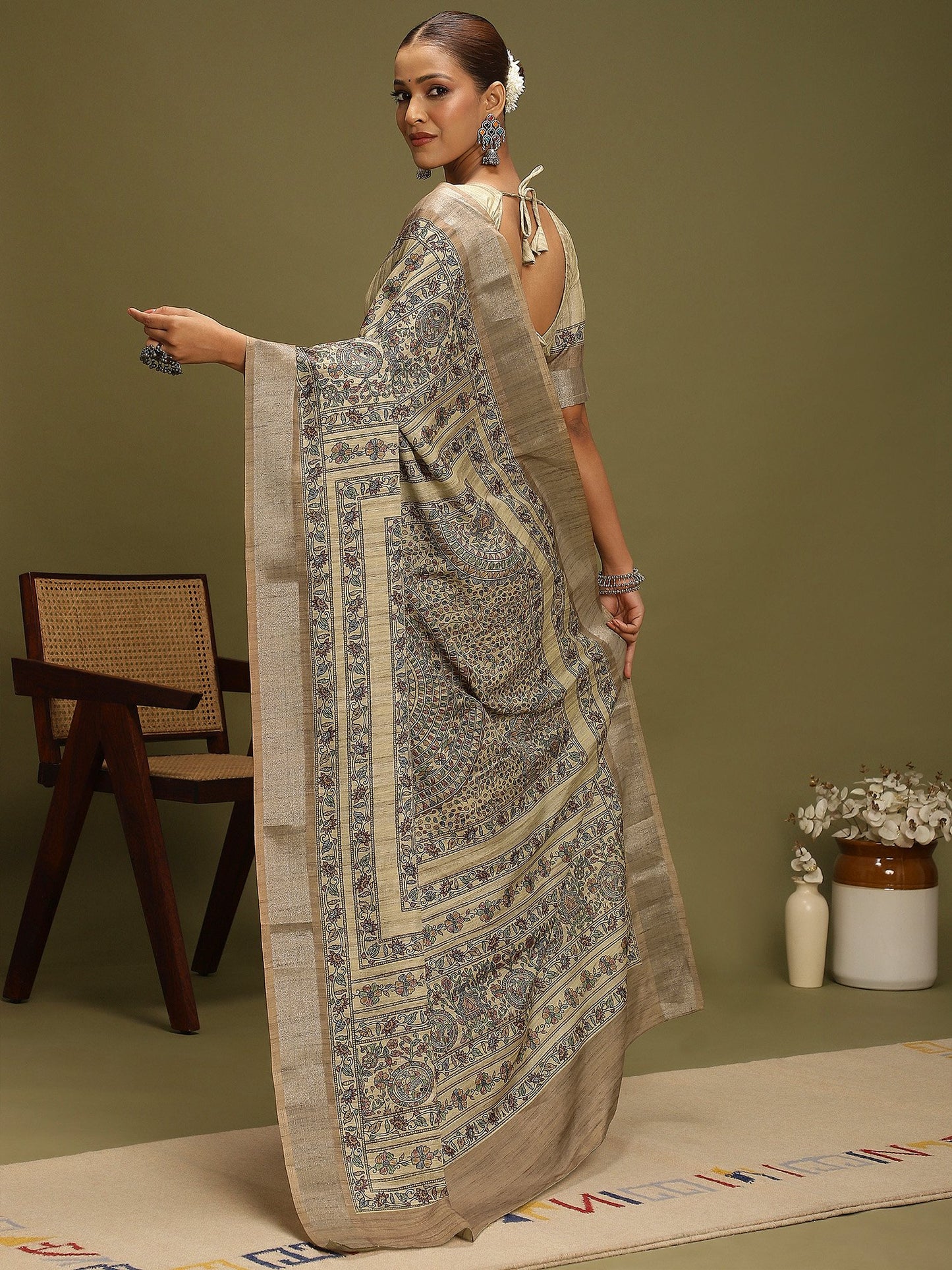 Beige Block Print Satin Silk Digital Print Saree