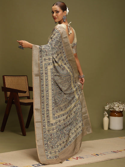 Beige Block Print Satin Silk Digital Print Saree