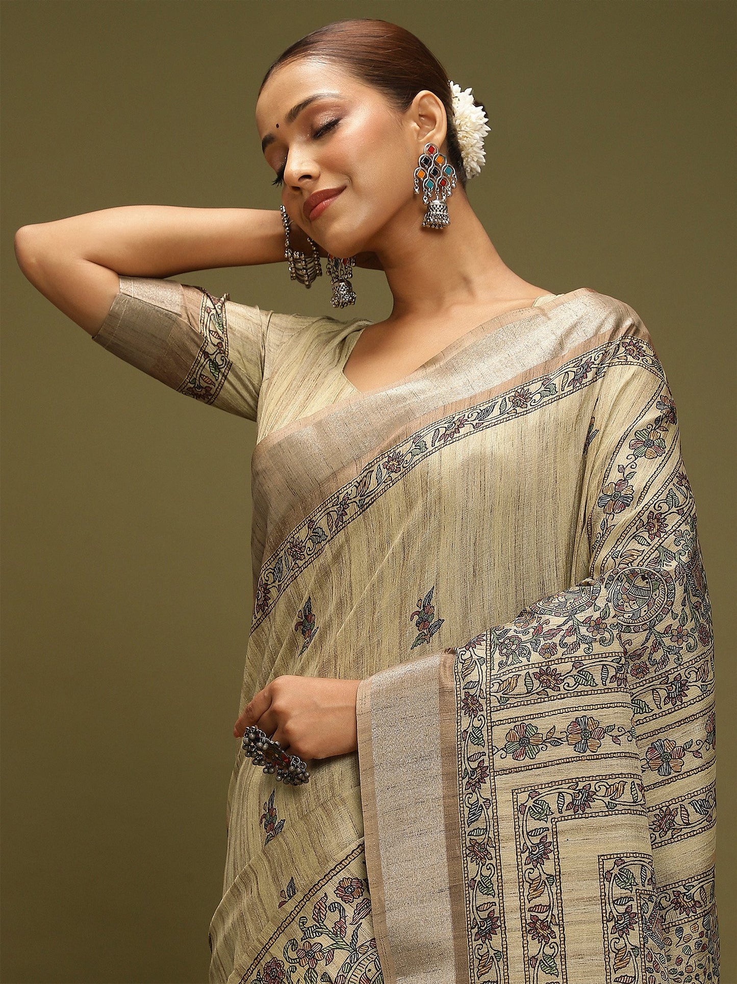 Beige Block Print Satin Silk Digital Print Saree