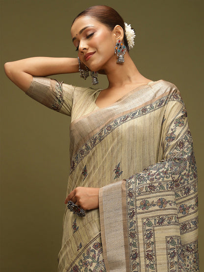 Beige Block Print Satin Silk Digital Print Saree