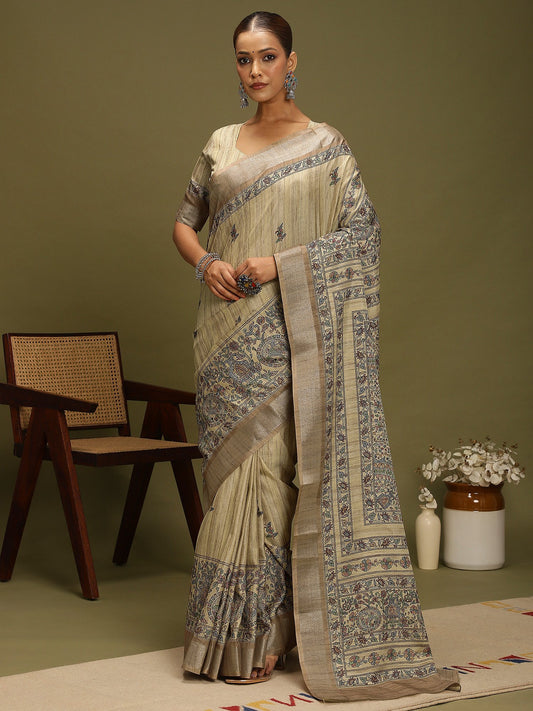 Grey Beige Block Print Satin Silk Digital Print Saree