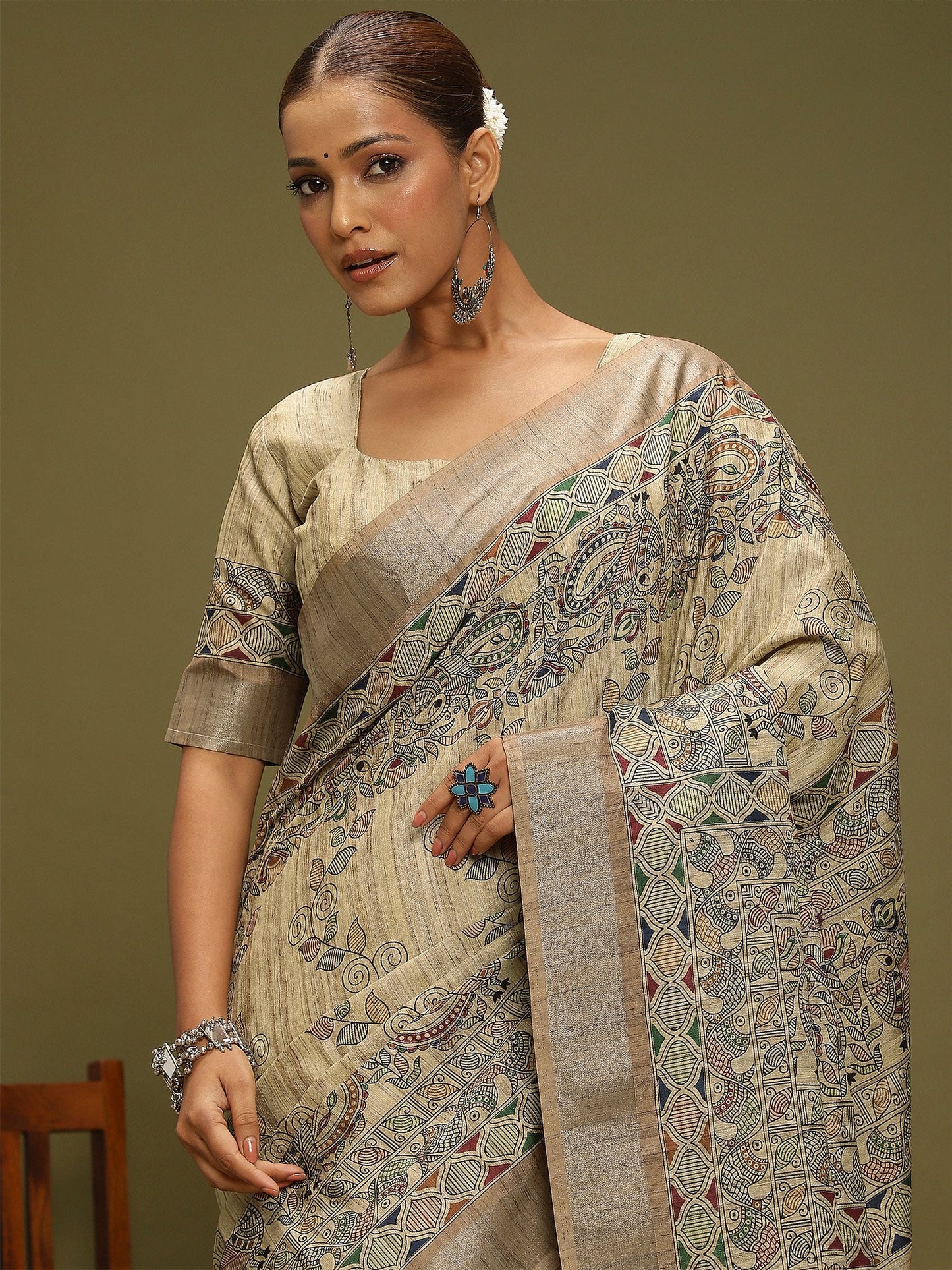 Beige Block Print Satin Silk Digital Print Saree